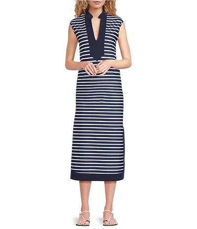 Jude Connally Kristen Striped Print Jude Cloth Stretch Knit Wrinkle-Free Split V-Neck Sleeveless A-Line Midi Dress