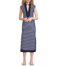 Jude Connally Kristen Striped Print Jude Cloth Stretch Knit Wrinkle-Free Split V-Neck Sleeveless A-Line Midi Dress