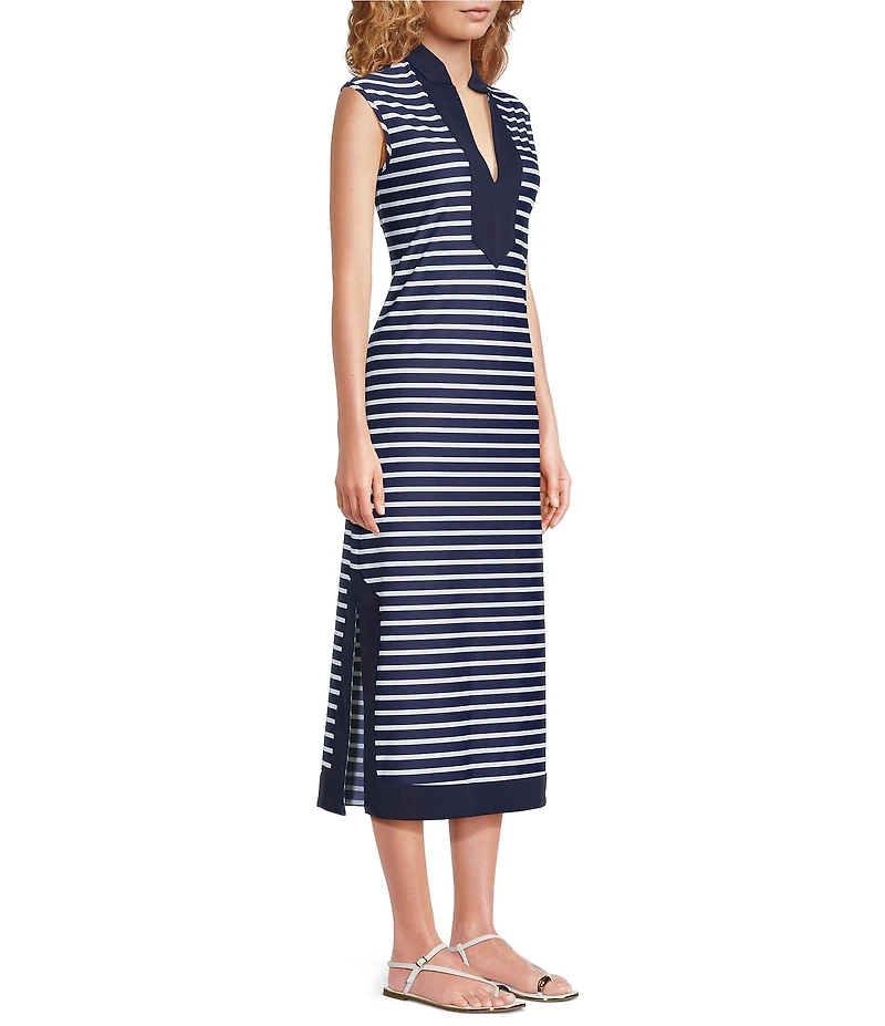 Jude Connally Kristen Striped Print Jude Cloth Stretch Knit Wrinkle-Free Split V-Neck Sleeveless A-Line Midi Dress