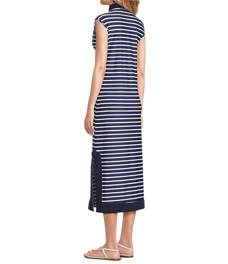 Jude Connally Kristen Striped Print Jude Cloth Stretch Knit Wrinkle-Free Split V-Neck Sleeveless A-Line Midi Dress