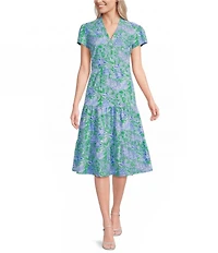Jude Connally Libby Butterfly Botanical Print Jude Cloth Stretch Knit V-Neck Short Puff Sleeve A-Line Tiered Midi Dress