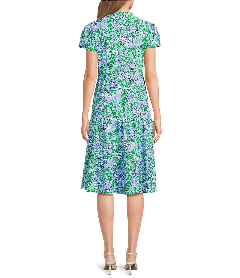 Jude Connally Libby Butterfly Botanical Print Jude Cloth Stretch Knit V-Neck Short Puff Sleeve A-Line Tiered Midi Dress