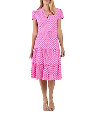 Jude Connally Libby Circle Geo Print Jude Cloth Stretch Knit V-Neck Short Puff Sleeve A-Line Tiered Midi Dress
