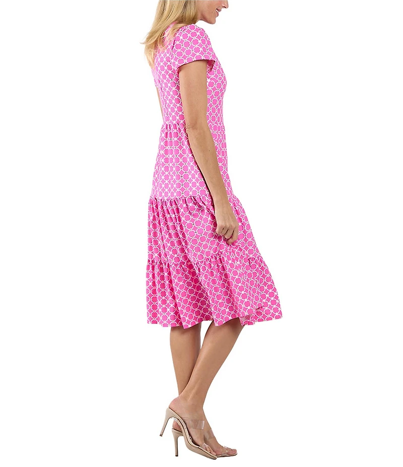 Jude Connally Libby Circle Geo Print Jude Cloth Stretch Knit V-Neck Short Puff Sleeve A-Line Tiered Midi Dress