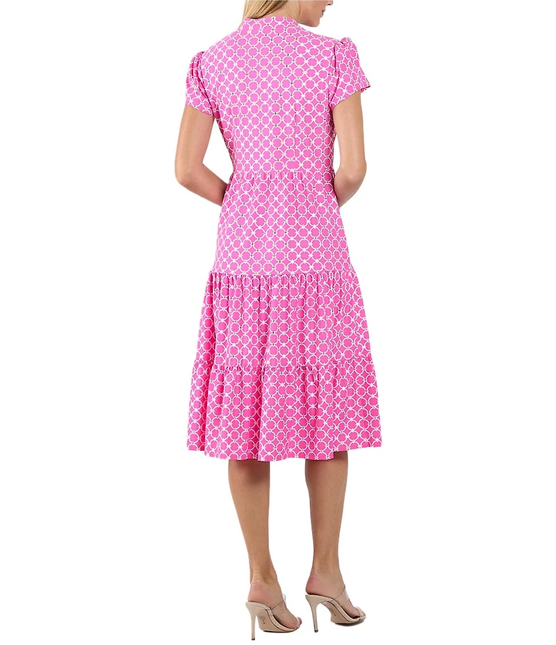 Jude Connally Libby Circle Geo Print Jude Cloth Stretch Knit V-Neck Short Puff Sleeve A-Line Tiered Midi Dress