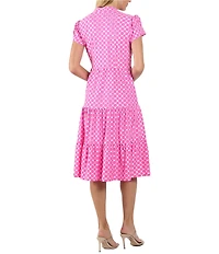 Jude Connally Libby Circle Geo Print Jude Cloth Stretch Knit V-Neck Short Puff Sleeve A-Line Tiered Midi Dress