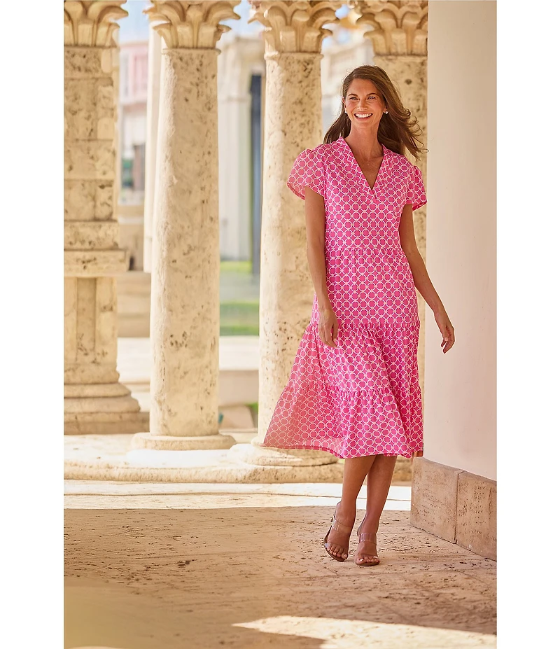 Jude Connally Libby Circle Geo Print Jude Cloth Stretch Knit V-Neck Short Puff Sleeve A-Line Tiered Midi Dress
