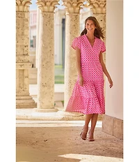 Jude Connally Libby Circle Geo Print Jude Cloth Stretch Knit V-Neck Short Puff Sleeve A-Line Tiered Midi Dress
