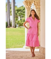 Jude Connally Libby Circle Geo Print Jude Cloth Stretch Knit V-Neck Short Puff Sleeve A-Line Tiered Midi Dress