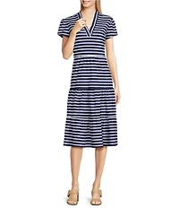 Jude Connally Libby Everyday Stripe Print Jude Cloth Stretch Knit V-Neck Short Puff Sleeve A-Line Tiered Midi Dress