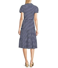 Jude Connally Libby Everyday Stripe Print Jude Cloth Stretch Knit V-Neck Short Puff Sleeve A-Line Tiered Midi Dress