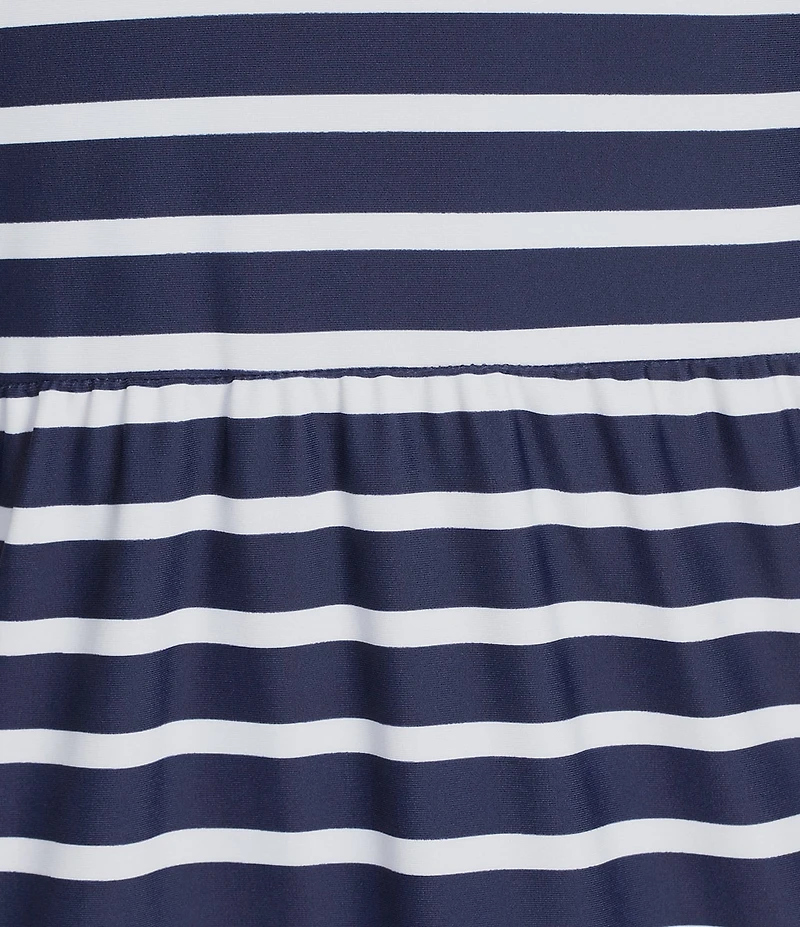Jude Connally Libby Everyday Stripe Print Jude Cloth Stretch Knit V-Neck Short Puff Sleeve A-Line Tiered Midi Dress