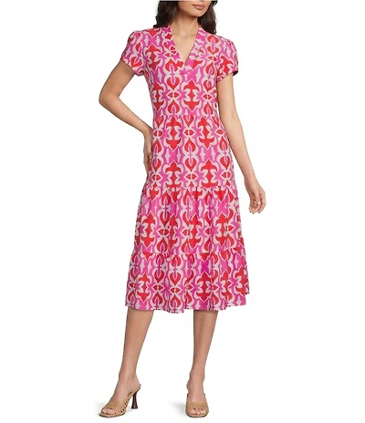 Jude Connally Libby Geo Fleur Print Jude Cloth Stretch Knit V-Neck Short Puff Sleeve A-Line Tiered Midi Dress