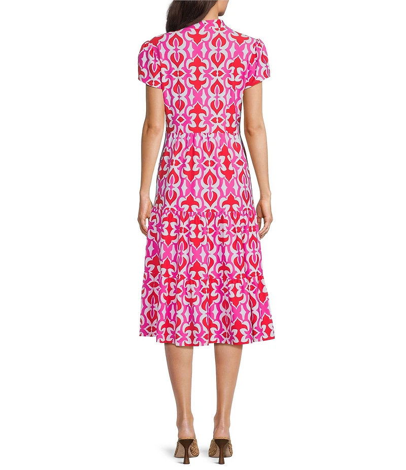 Jude Connally Libby Geo Fleur Print Jude Cloth Stretch Knit V-Neck Short Puff Sleeve A-Line Tiered Midi Dress