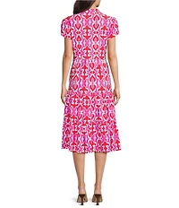 Jude Connally Libby Geo Fleur Print Jude Cloth Stretch Knit V-Neck Short Puff Sleeve A-Line Tiered Midi Dress