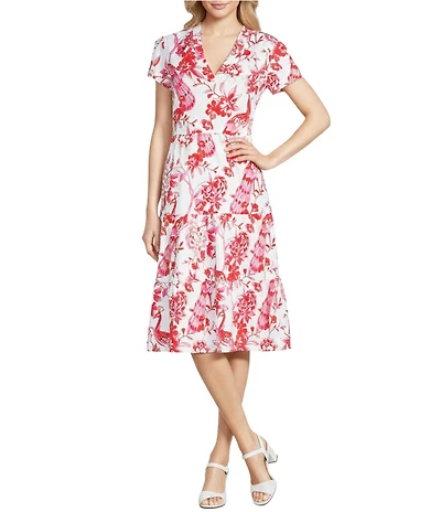 Jude Connally Libby Gilded Peacock Garden Print Jude Cloth Stretch Knit V-Neck Short Puff Sleeve A-Line Tiered Midi Dress