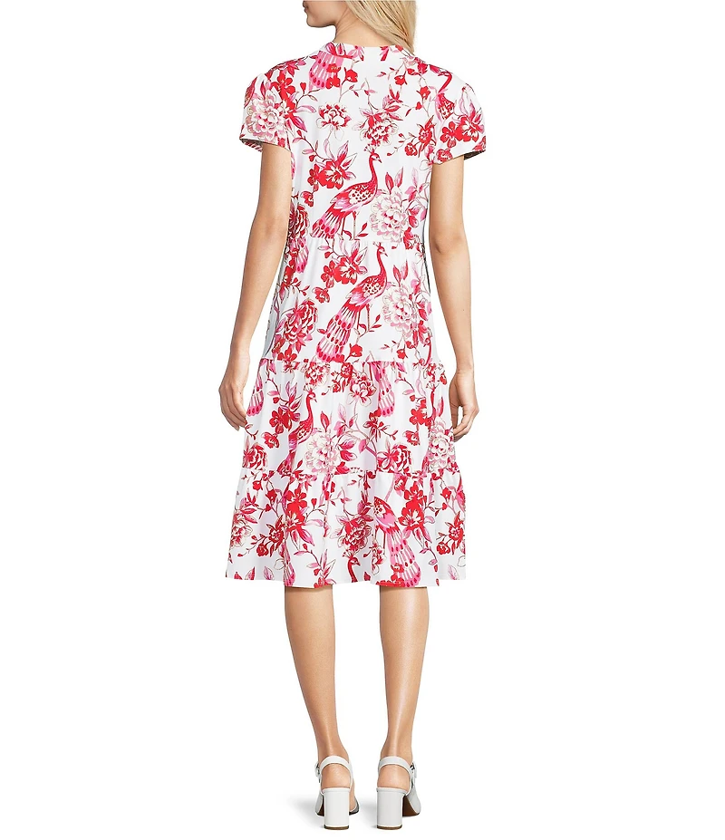 Jude Connally Libby Gilded Peacock Garden Print Jude Cloth Stretch Knit V-Neck Short Puff Sleeve A-Line Tiered Midi Dress