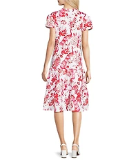 Jude Connally Libby Gilded Peacock Garden Print Jude Cloth Stretch Knit V-Neck Short Puff Sleeve A-Line Tiered Midi Dress