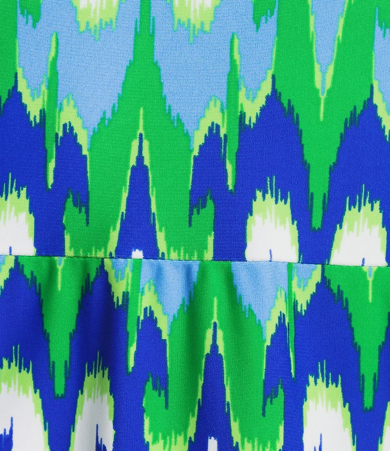 Jude Connally Libby Paradise Ikat Print Jude Cloth Stretch Knit V-Neck Short Puff Sleeve A-Line Tiered Midi Dress