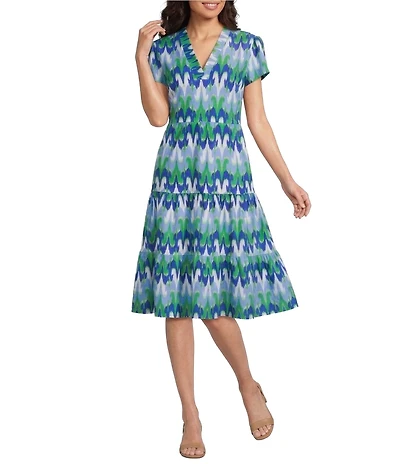Jude Connally Libby Paradise Ikat Print Jude Cloth Stretch Knit V-Neck Short Puff Sleeve A-Line Tiered Midi Dress