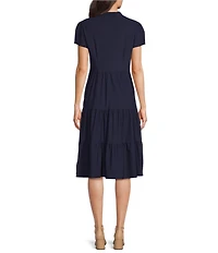 Jude Connally Libby Solid Jude Cloth Knit V-Neck Short Puffed Sleeve A-Line Tiered Midi Dress