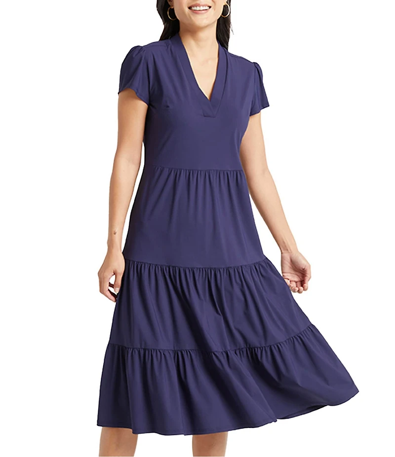 Jude Connally Libby Solid Jude Cloth Knit V-Neck Short Puffed Sleeve A-Line Tiered Midi Dress