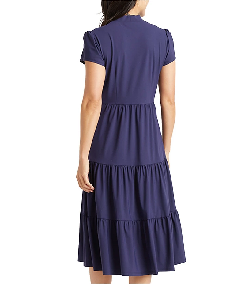 Jude Connally Libby Solid Jude Cloth Knit V-Neck Short Puffed Sleeve A-Line Tiered Midi Dress