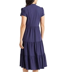 Jude Connally Libby Solid Jude Cloth Knit V-Neck Short Puffed Sleeve A-Line Tiered Midi Dress