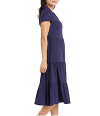 Jude Connally Libby Solid Jude Cloth Knit V-Neck Short Puffed Sleeve A-Line Tiered Midi Dress