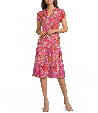 Jude Connally Libby Stained Glass Print Jude Cloth Stretch Knit V-Neck Short Puff Sleeve A-Line Tiered Midi Dress