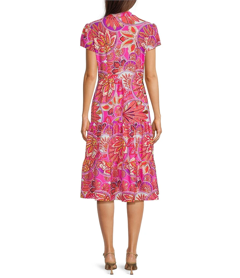 Jude Connally Libby Stained Glass Print Jude Cloth Stretch Knit V-Neck Short Puff Sleeve A-Line Tiered Midi Dress
