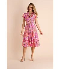 Jude Connally Libby Stained Glass Print Jude Cloth Stretch Knit V-Neck Short Puff Sleeve A-Line Tiered Midi Dress