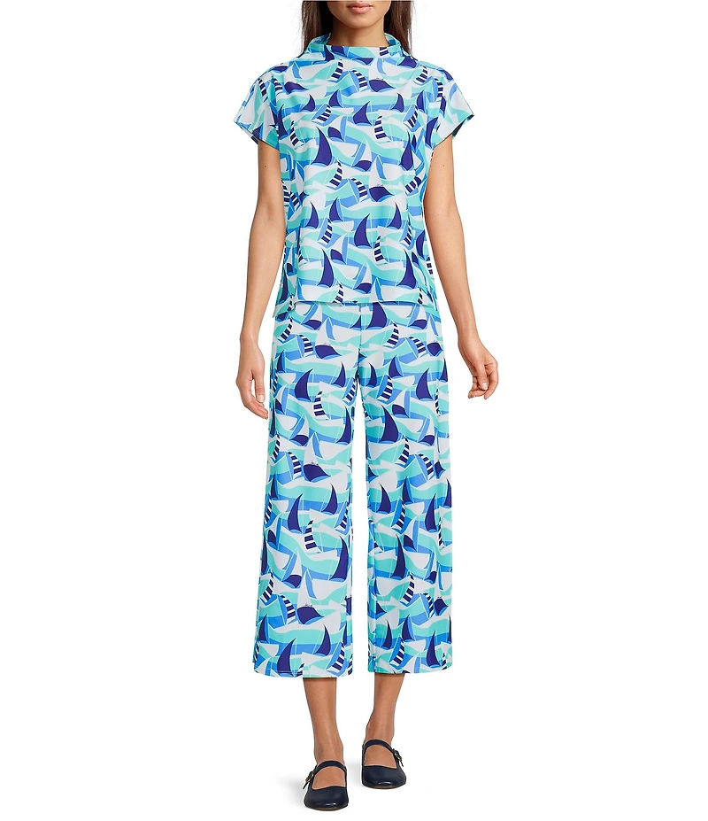 Jude Connally Lolly Sail Boats Seaglass Print Coordinating Lightweight Jude Cloth Wide Leg Crop Pants
