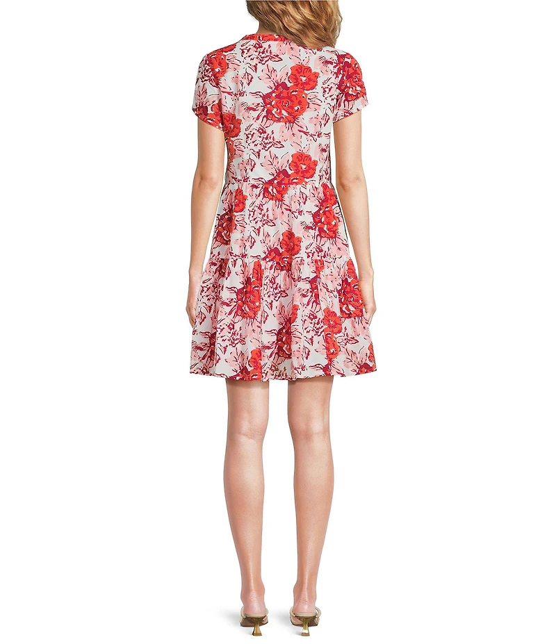 Jude Connally Maddie Floral Bloom Print Split V-Neck Short Sleeve Tiered Dress