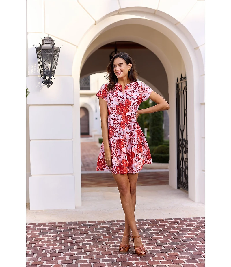 Jude Connally Maddie Floral Bloom Print Split V-Neck Short Sleeve Tiered Dress