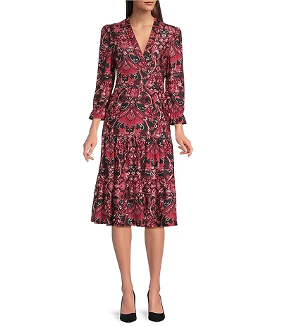 Jude Connally Maggie Paisley Amore Print Jude Cloth Stretch Knit Split V-Neck A-Line Tiered Midi Dress