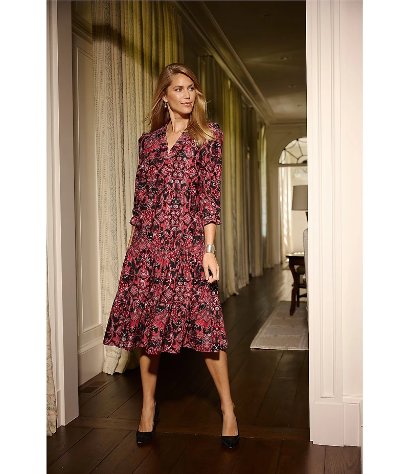 Jude Connally Maggie Paisley Amore Print Jude Cloth Stretch Knit Split V-Neck A-Line Tiered Midi Dress