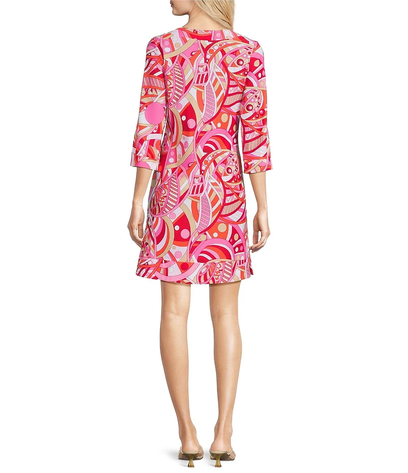 Jude Connally Megan Mod Party Peony Print Jude Cloth Stretch Knit 3/4 Sleeve Split V-Neck Shift Dress