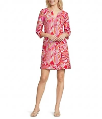Jude Connally Megan Mod Party Peony Print Jude Cloth Stretch Knit 3/4 Sleeve Split V-Neck Shift Dress