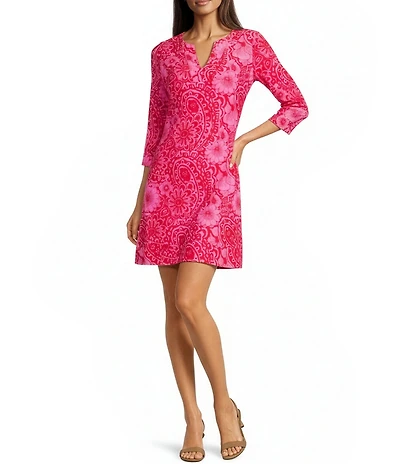 Jude Connally Megan Painted Paisley Print Jude Cloth Stretch Knit 3/4 Sleeve Split V-Neck Shift Dress