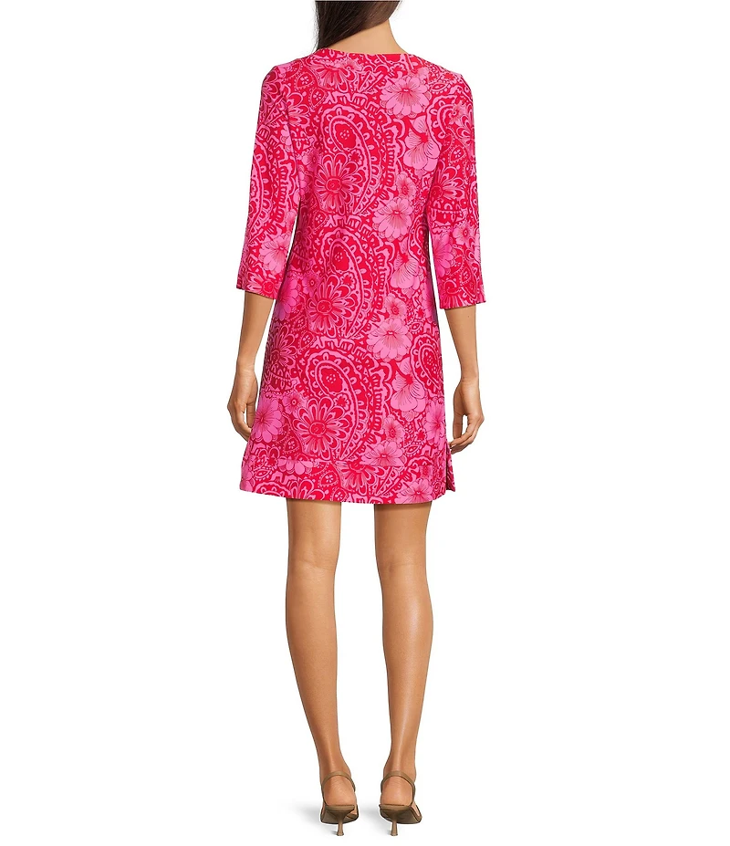 Jude Connally Megan Painted Paisley Print Jude Cloth Stretch Knit 3/4 Sleeve Split V-Neck Shift Dress