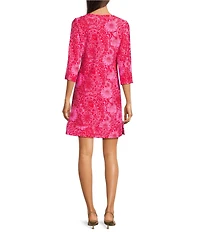 Jude Connally Megan Painted Paisley Print Jude Cloth Stretch Knit 3/4 Sleeve Split V-Neck Shift Dress
