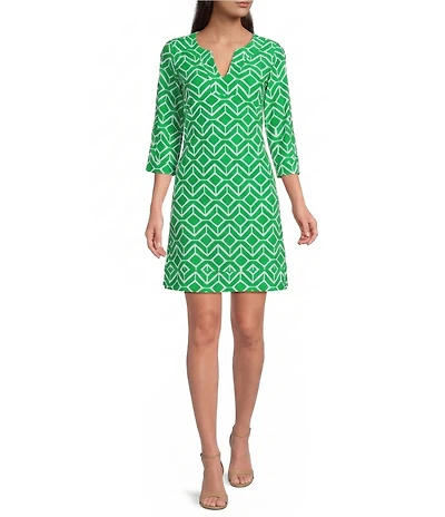 Jude Connally Megan Sail Geo Print Jude Cloth Stretch Knit 3/4 Sleeve Split V-Neck Shift Dress