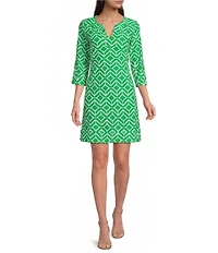 Jude Connally Megan Sail Geo Print Jude Cloth Stretch Knit 3/4 Sleeve Split V-Neck Shift Dress