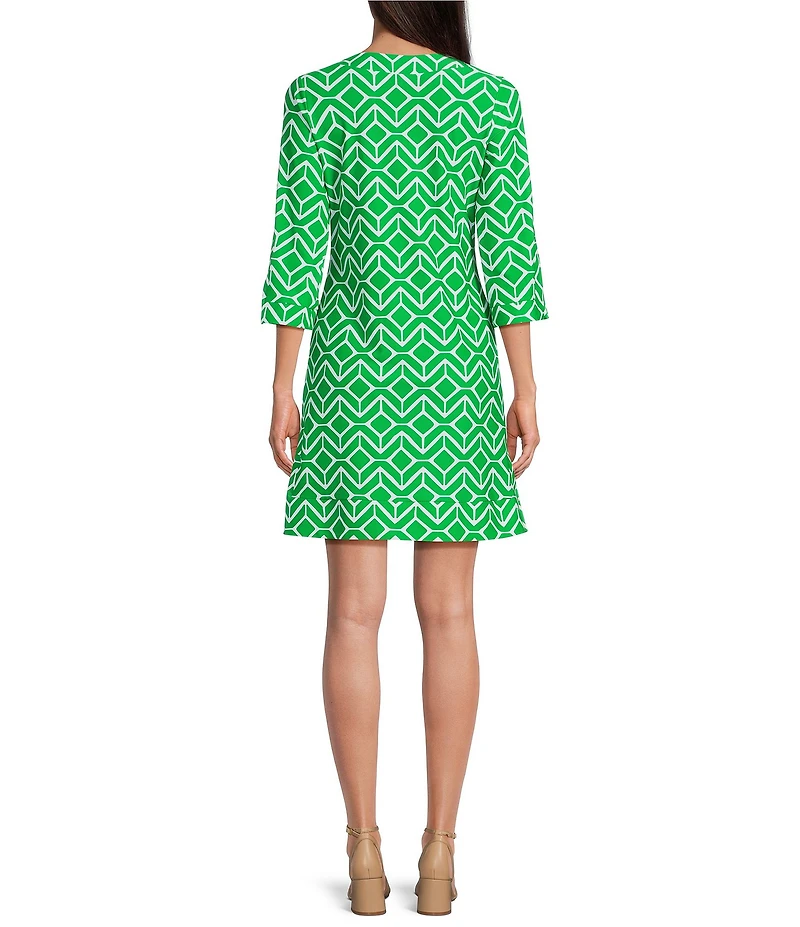 Jude Connally Megan Sail Geo Print Jude Cloth Stretch Knit 3/4 Sleeve Split V-Neck Shift Dress