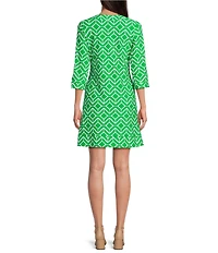 Jude Connally Megan Sail Geo Print Jude Cloth Stretch Knit 3/4 Sleeve Split V-Neck Shift Dress