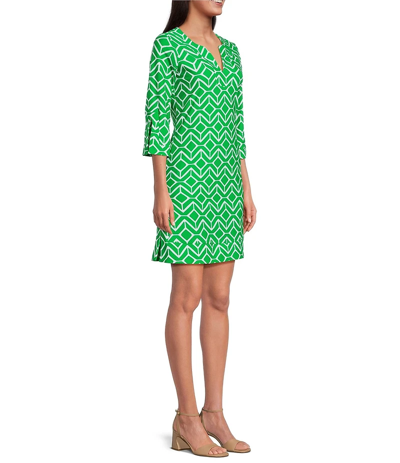 Jude Connally Megan Sail Geo Print Jude Cloth Stretch Knit 3/4 Sleeve Split V-Neck Shift Dress