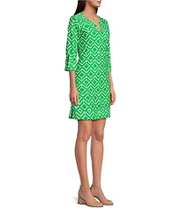 Jude Connally Megan Sail Geo Print Jude Cloth Stretch Knit 3/4 Sleeve Split V-Neck Shift Dress