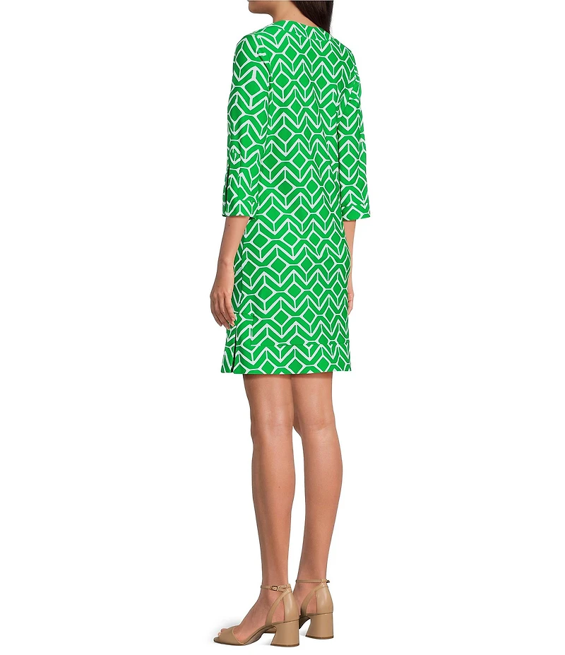 Jude Connally Megan Sail Geo Print Jude Cloth Stretch Knit 3/4 Sleeve Split V-Neck Shift Dress