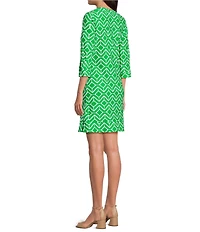 Jude Connally Megan Sail Geo Print Jude Cloth Stretch Knit 3/4 Sleeve Split V-Neck Shift Dress
